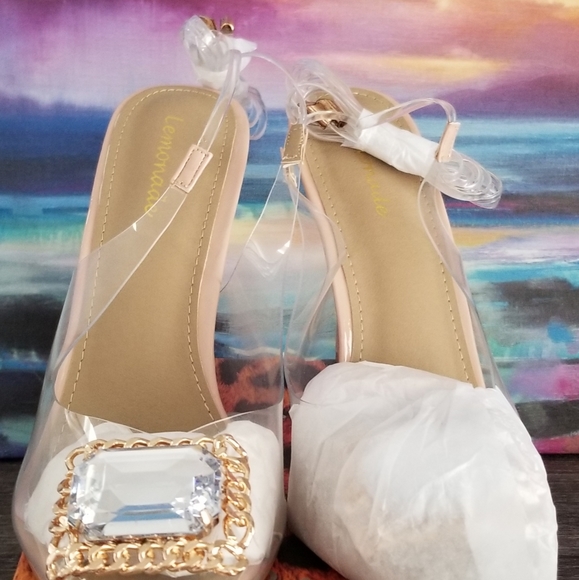 Lemonade Clear PU Slingback Lace up w/Nude & Gold Accents w/ Clear Stone - Picture 3 of 7
